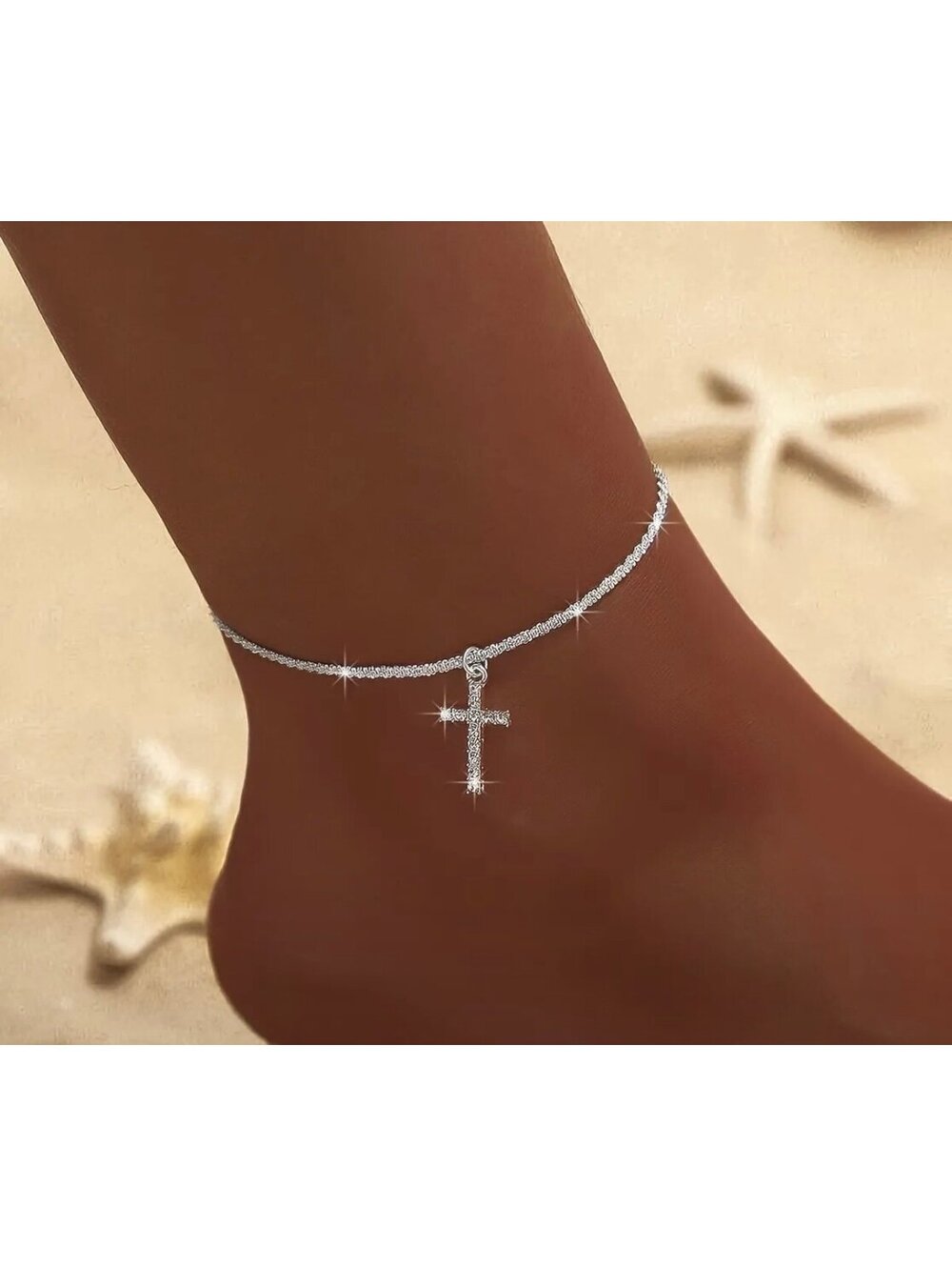 New - Chic - Silver Anklet with Sparkling Rhinestone Cross Charm